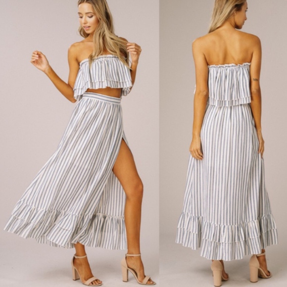 Blue Striped Woven Layered Top and Skirt Set - Picture 2 of 3